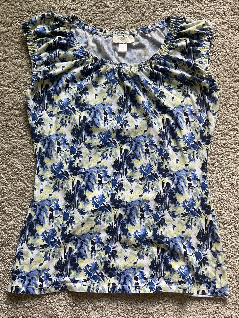 LOFT Blue and Yellow Floral Print Sleeveless Summer Blouse Sz M